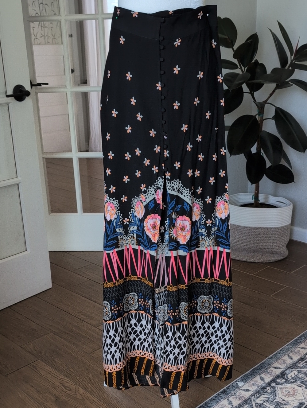 Express Black Long Black Skirt with Pink  Floral Border With High Front Slit XS
